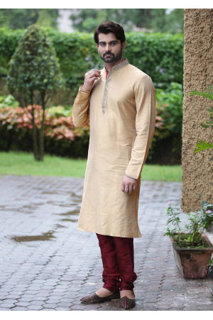 Sandal with Maroon Color Silk Kurta Set